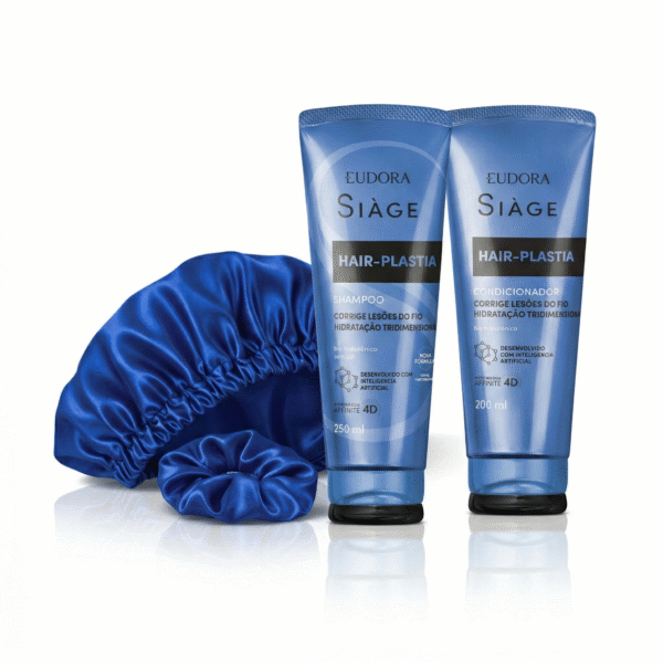Kit Essencial Hair-Plastia: Hidratação Profunda + Proteção em Cetim Azul Royal